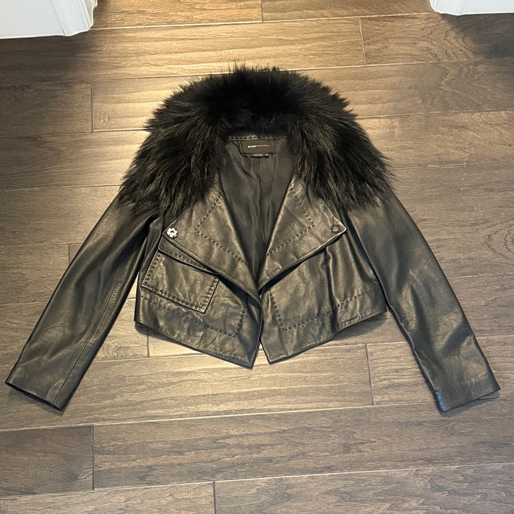 BCBGMaxAzria Black Leather Jacket with Faux Fur Trim